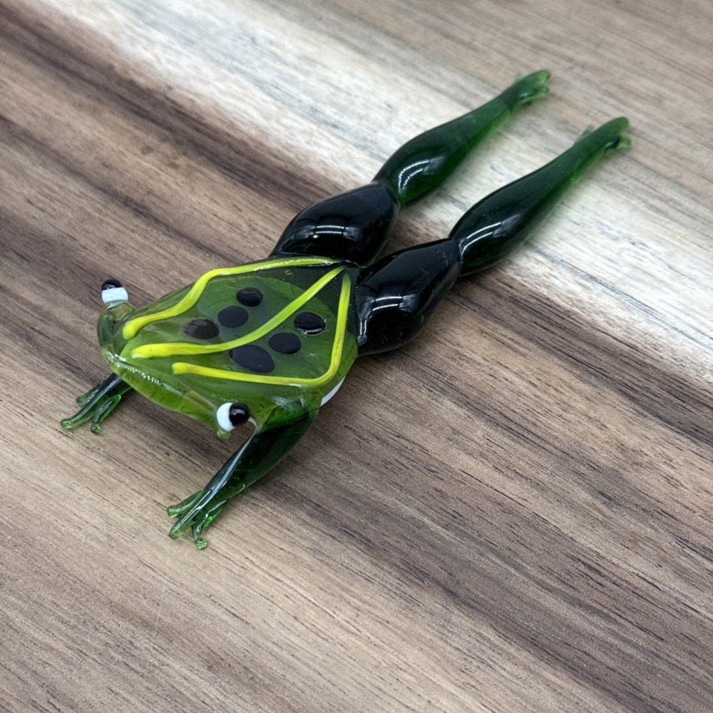 Blown Glass Art‎ Deco Frog Green/Black/Yellow Relaxing On Tummy Whimsical EUC